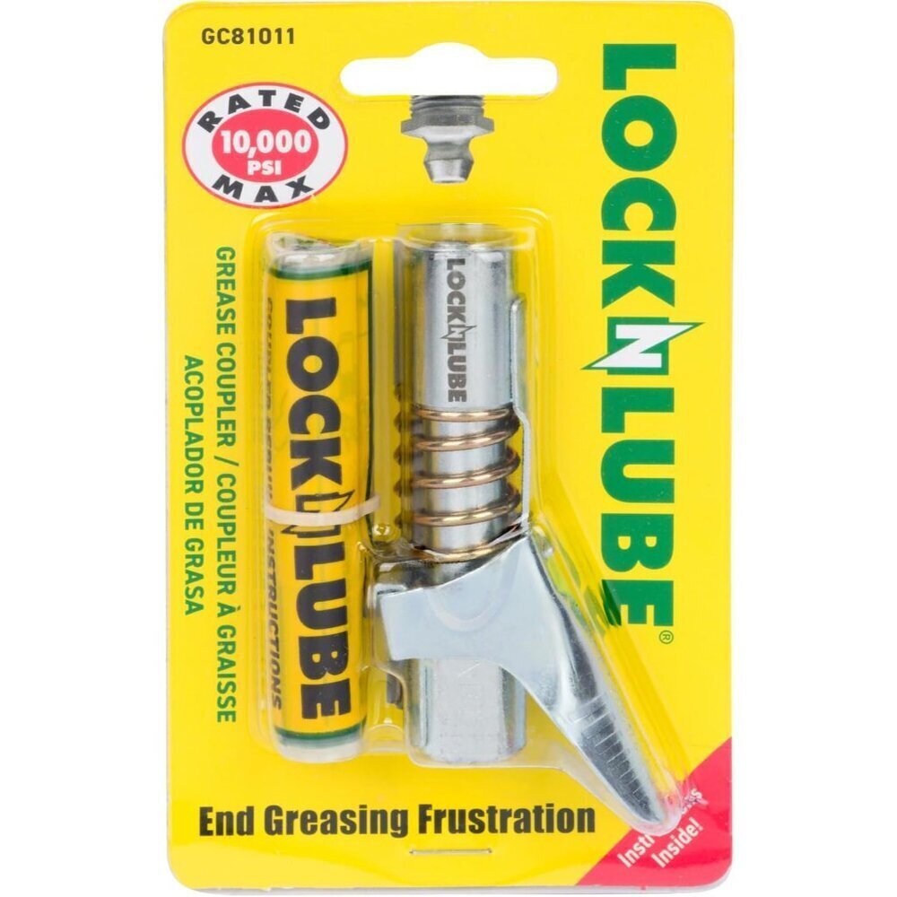 Grease Gun Coupler locks onto Zerk fittings. Grease goes in, not on the